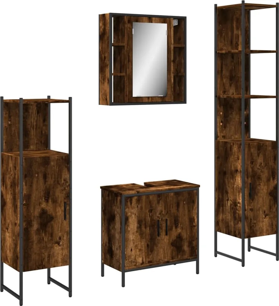 vidaXL Set dulapuri de baie, 4 piese, stejar afumat, lemn prelucrat