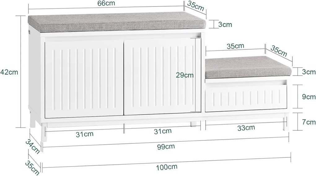 BAA60 - Bancuta 100 cm, bancheta dubla Adulti - Copii, banca hol cu perna, depozitare pantofi - Alb-Gri