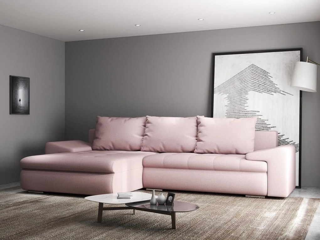 Colțar extensibil dumonde cu ladă de depozitare si sezut confortabil din spuma high-density, Leonardo Enjoy Roz 260x185 cm