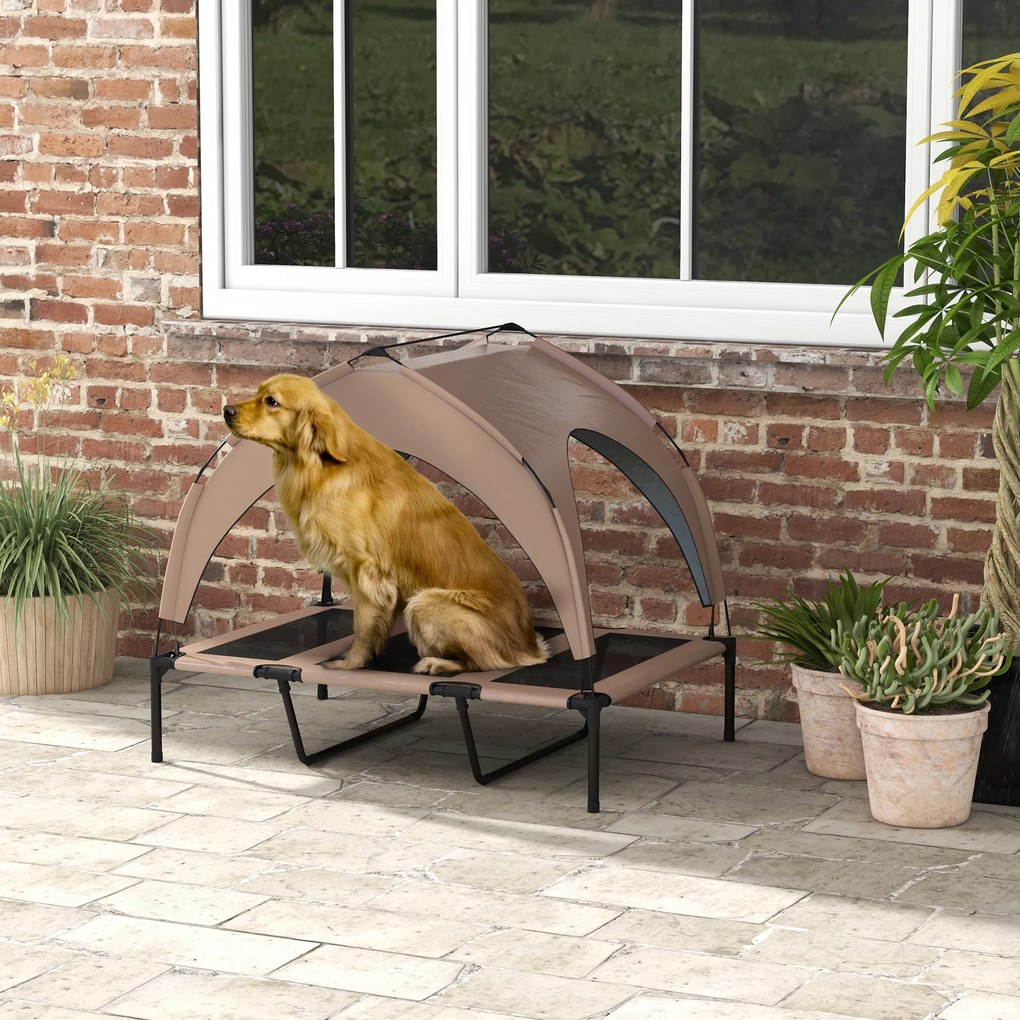 PawHut Pat pentru câini și pisici pe picioare, pat pentru câini ridicat, velum anti-UV, Oxford, sac de transport 106 x 76 x 94 cm, cafeniu | Aosom Romania