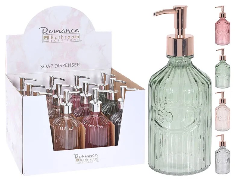 Dispenser sapun 450 ml, 2.1x8.3 cm, sticla, disponibil in 4 culori: roz inchis, roz deschis, verde, albastru