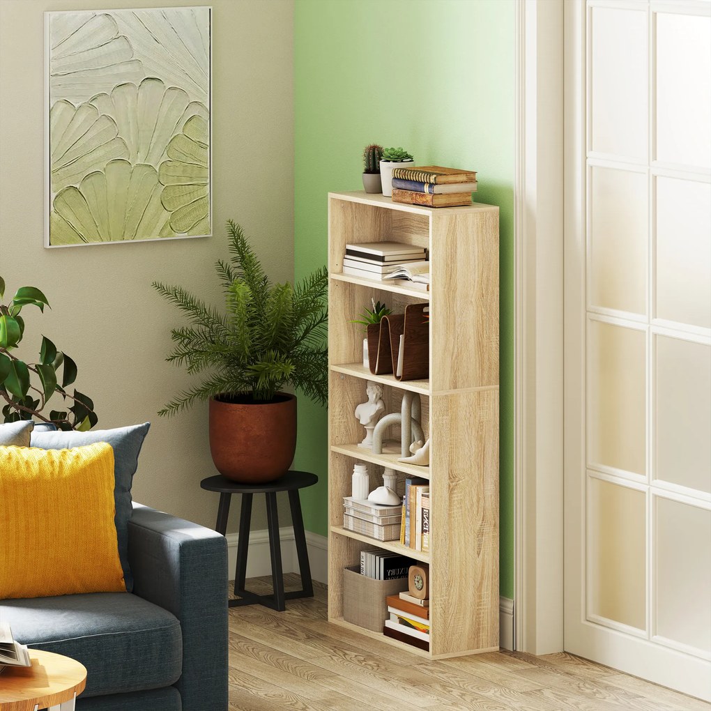 HOMCOM Bibliotecă raft de depozitare 5 nivele cu rafturi reglabile pentru living, dormitor, birou, 60x24x133,5 cm, natural | Aosom Romania