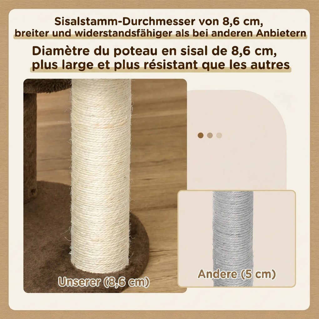 PawHut Arbore de Zgâriat pentru Pisici cu 3 Niveluri, Culcuș și Stâlpi din Sisal, Ø40x65 cm, Maro | Aosom Romania