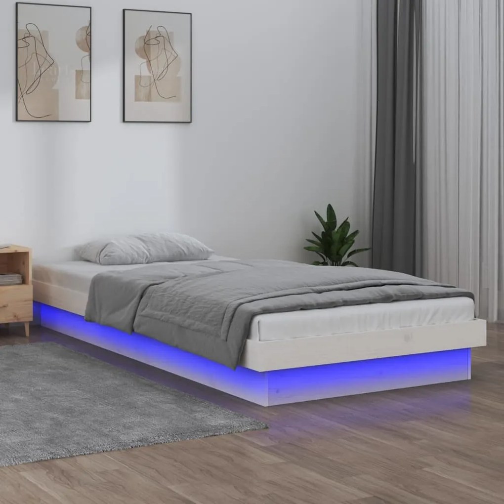 820003 vidaXL Cadru de pat cu LED single 3FT, alb, 90x190 cm, lemn masiv