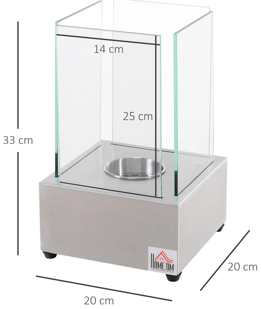 HOMCOM Șemineu de Masă cu Bioetanol de 0.4L, Sobă din Oțel și Sticlă pentru Spații Înterioare și Exterioare, 20x20x33 cm, Argintiu | Aosom Romania