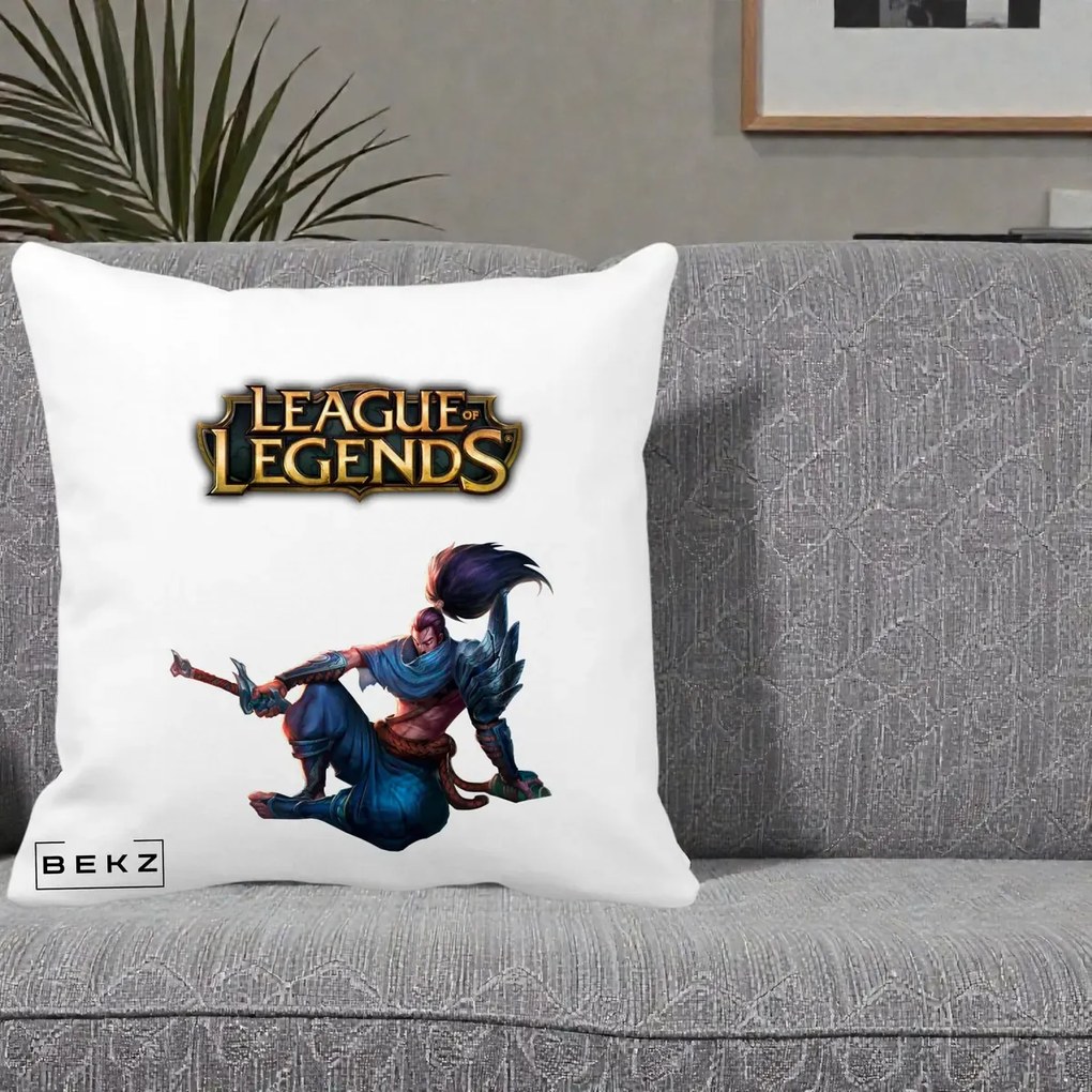 Perna Personalizata League of Legends Yasuo, 40x40 cm, Alba Mata, Husa Detasabila, Perna Inclusa, BEKZ®