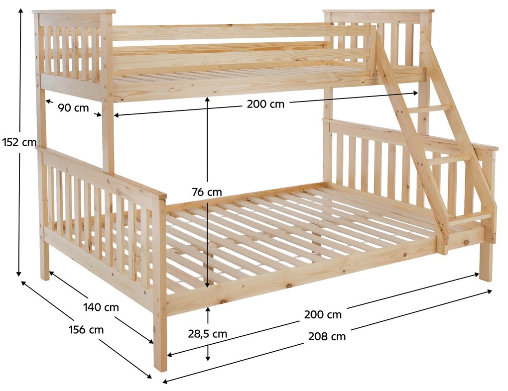 Patul supraetajat se poate descompune, pin natural, LUINI