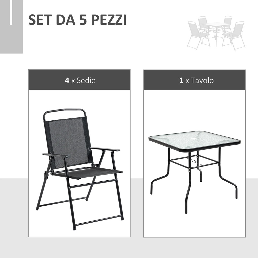 Outsunny Set Mobilier de Grădină 5 Piese, 4 Scaune Pliabile și Masă cu Orificiu pentru Umbrelă, Design Elegant, Negru | Aosom Romania