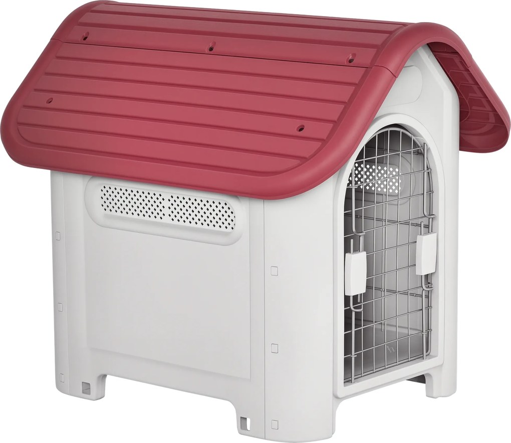 PawHut Cușcă pentru câini exterior și interior ușă dublă din metal și ventilație multiplă 59 x 75 x 66 cm roșu | Aosom Romania