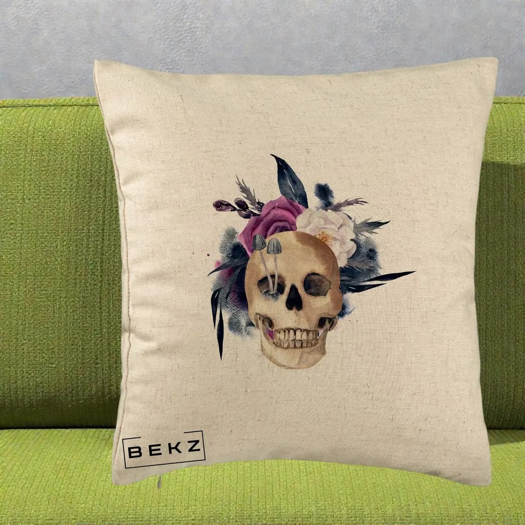 Perna Decorativa Craniu Floral cu Trandafiri si Ciuperci, 40x40 cm, Bej, Husa Detasabila, Perna Inclusa, BEKZ®