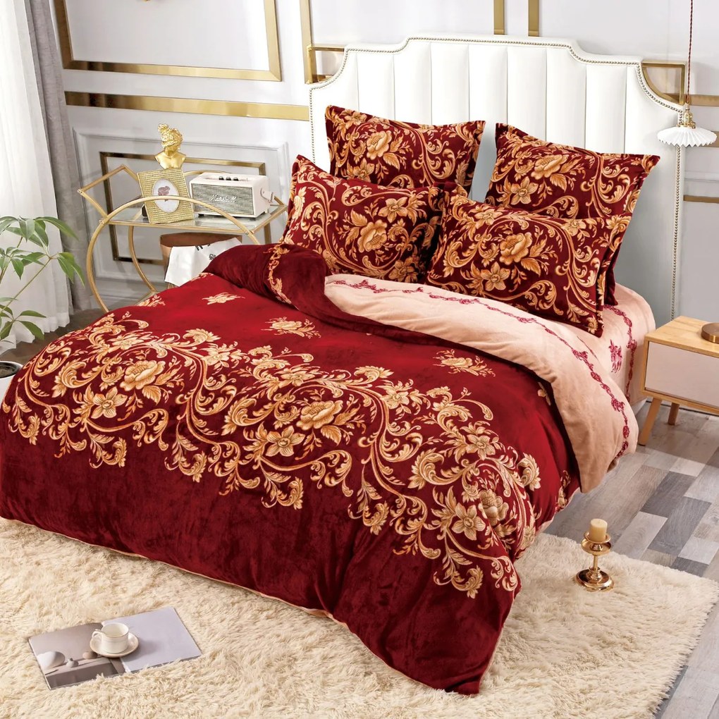 Set Lenjerie Pufoasa Cocolino cu 2 Fete, Pat 2 Persoane, 6 Piese, Rosu / Auriu, LCJ6-58