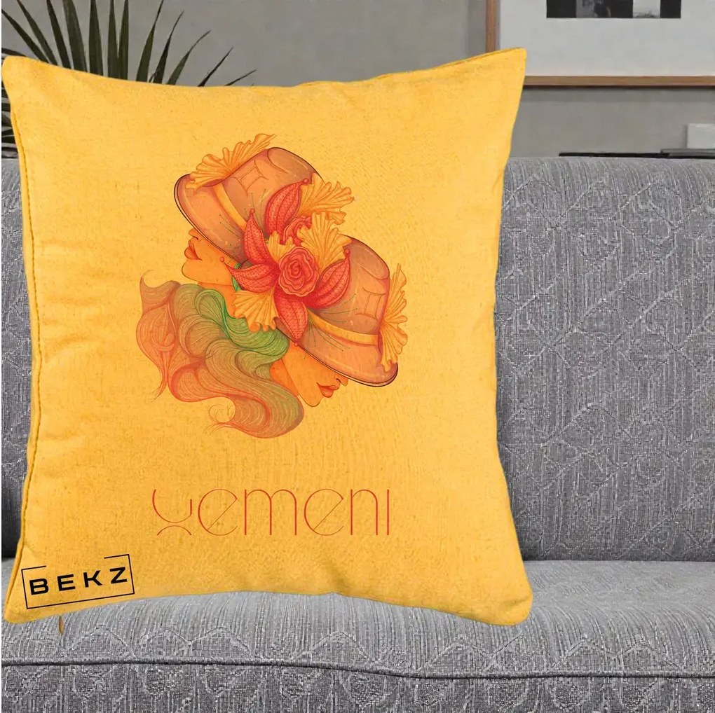 Perna Personalizata Zodie Gemeni, 40x40 cm, Galben, Husa Detasabila, Perna Inclusa, BEKZ®
