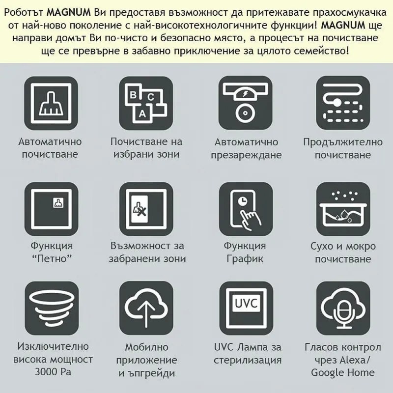 Robot aspirator cu lampa de sterilizare UVC MAGNUM UV+, Li-ion 5200 mAh, 50W, 3000 Pa, 3 trepte, Wi-Fi, Autonomie de pana la 280 min, Pana la 250 m², Negru