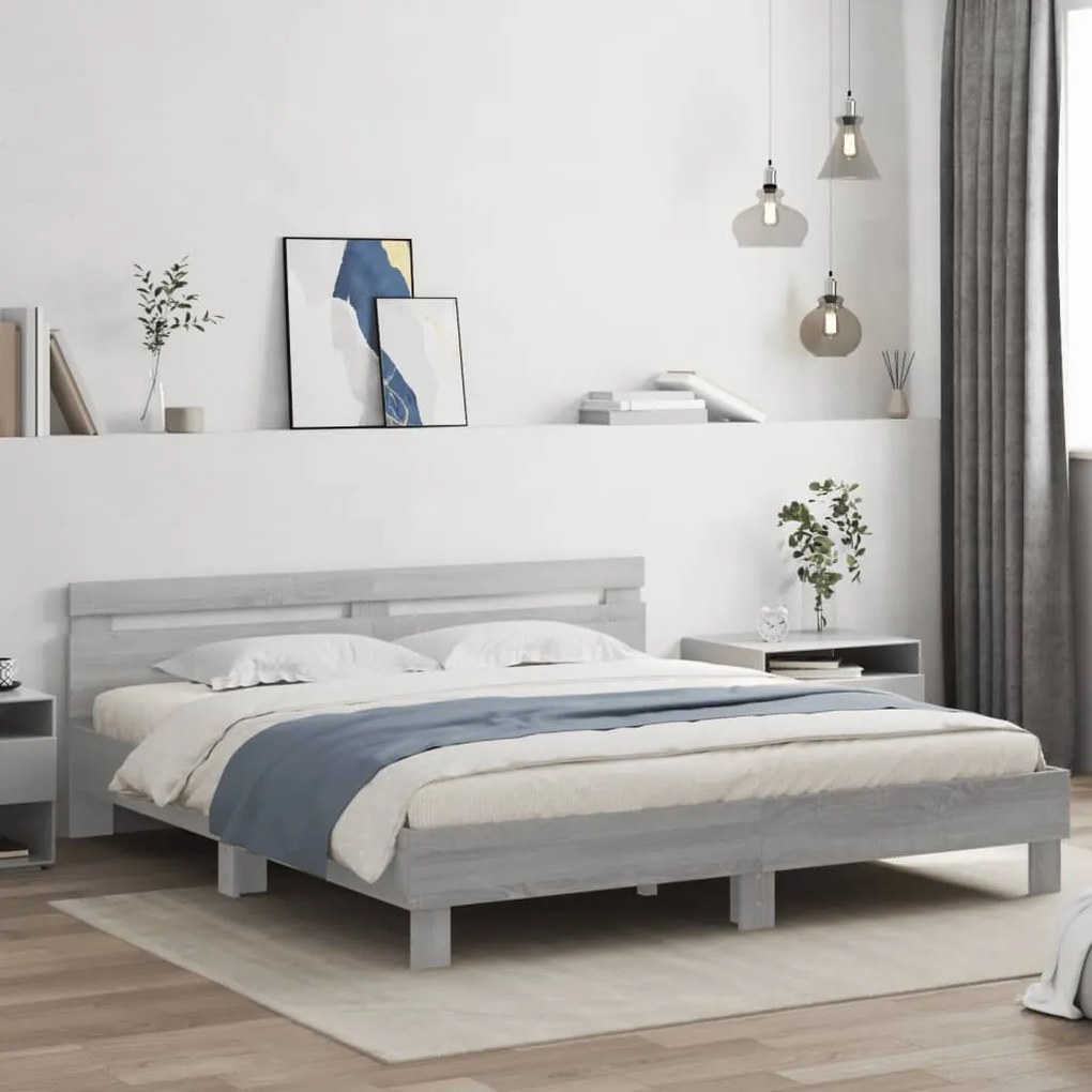 vidaXL Cadru de pat cu tăblie gri sonoma 200x200 cm lemn prelucrat