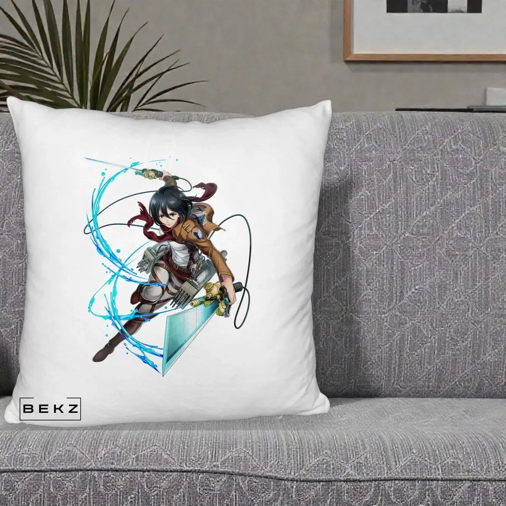 Perna Personalizata Attack on Titan Mikasa Ackerman Lupta, 40x40 cm, Alb Pufos, Husa Detasabila, Perna Inclusa, BEKZ®