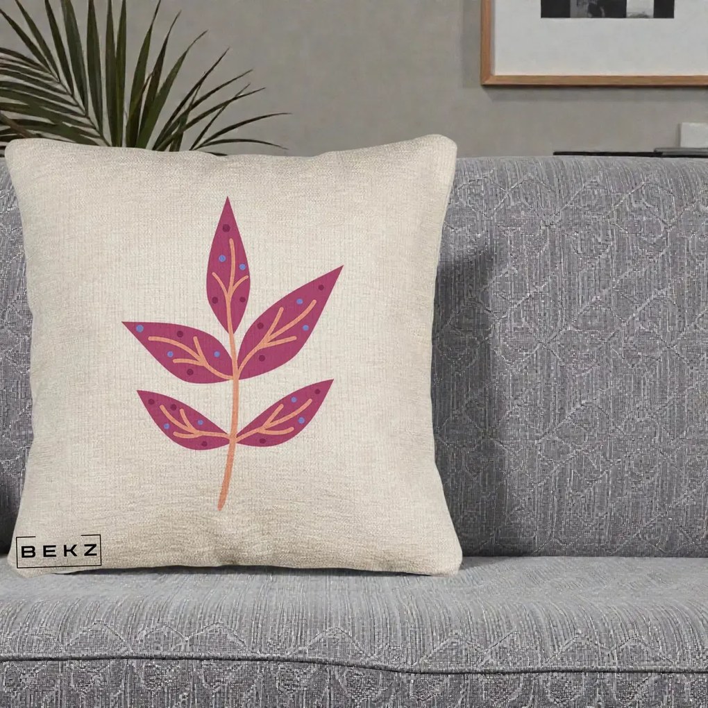 Perna Decorativa Ramura Botanica Mov, 40x40 cm, Bej Canapea, Husa Detasabila, Perna Inclusa, BEKZ®