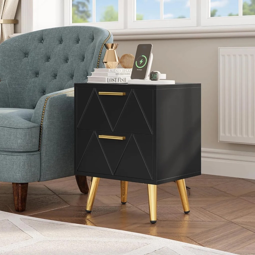 NON17 - Set 2 Noptiere negre, 40 cm, cu 2 sertare, Priza si USB, dormitor - Negru - Auriu