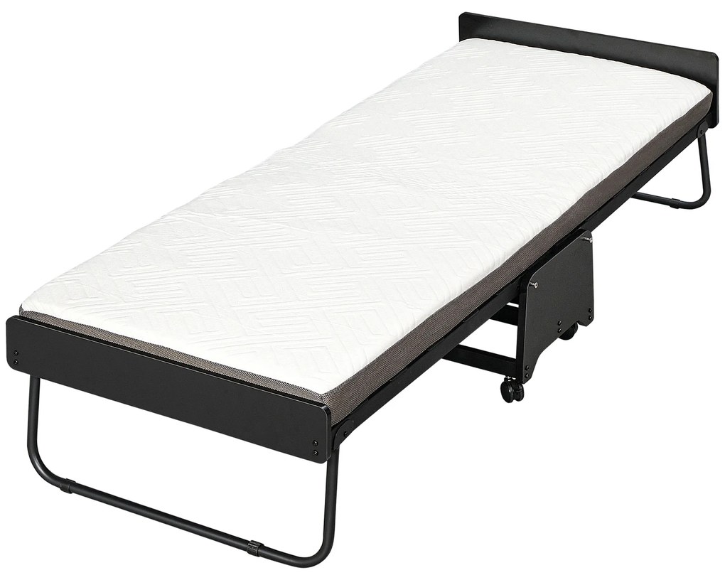Pat pliant cu saltea de 10 cm inaltime HOMCOM, pentru o persoana cu roti si lamele, 80x200cm, negru | Aosom RO