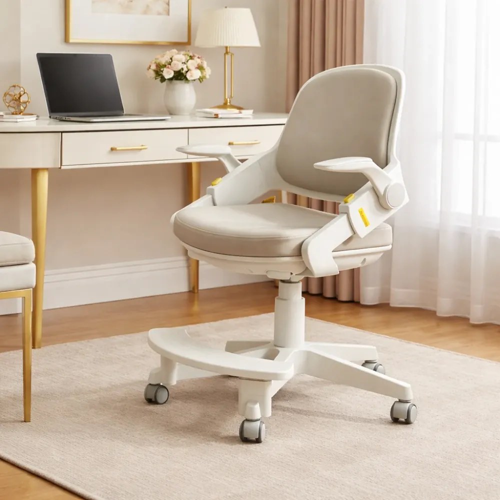 JUNIOR STUDY PRO – Scaun ergonomic rotativ pentru copii, reglabil pe înălțime, suport picioare reglabil, rotativ 360°, roți cu blocare automată, Gri