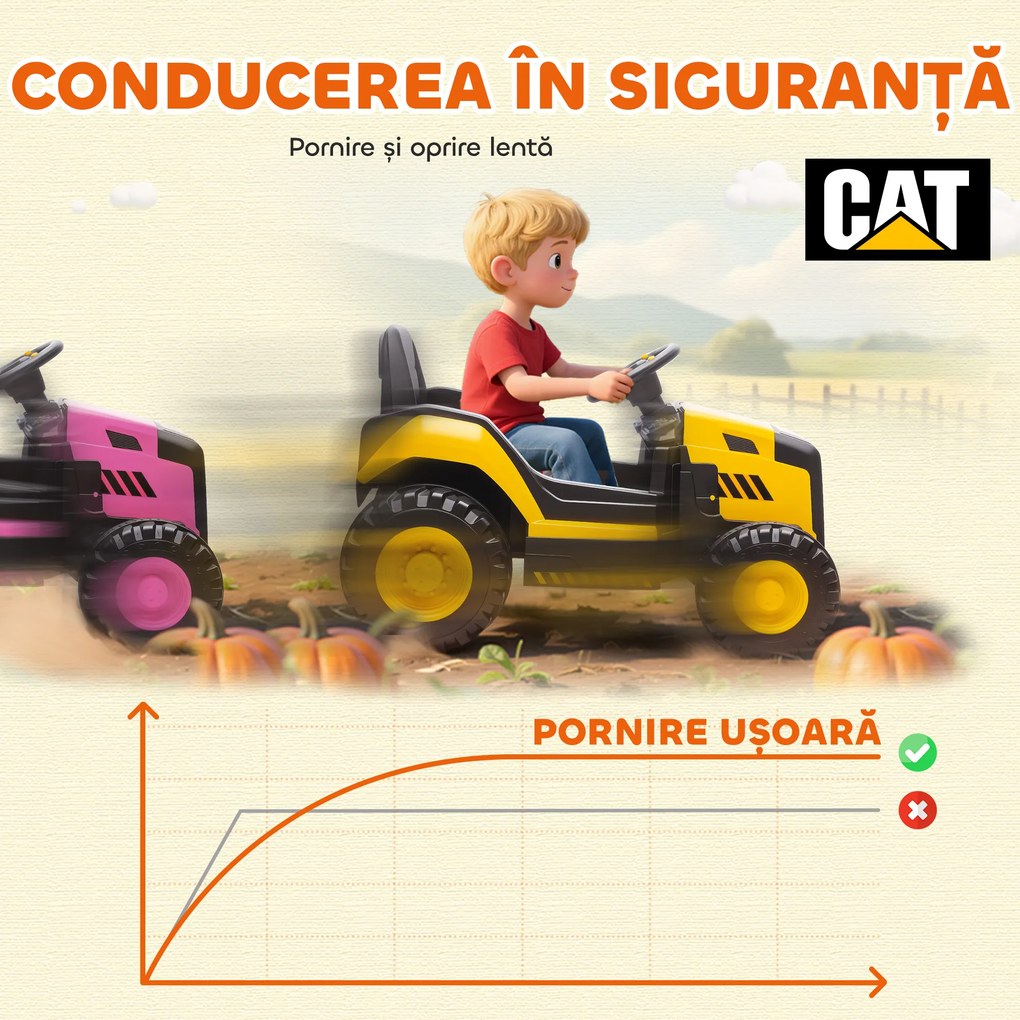 AIYAPLAY Mașină Electrică pentru Copii 3-6 Ani, Licențiată Oficial de CAT, 12V, Control Manual și cu Telecomandă, Galben | Aosom Romania