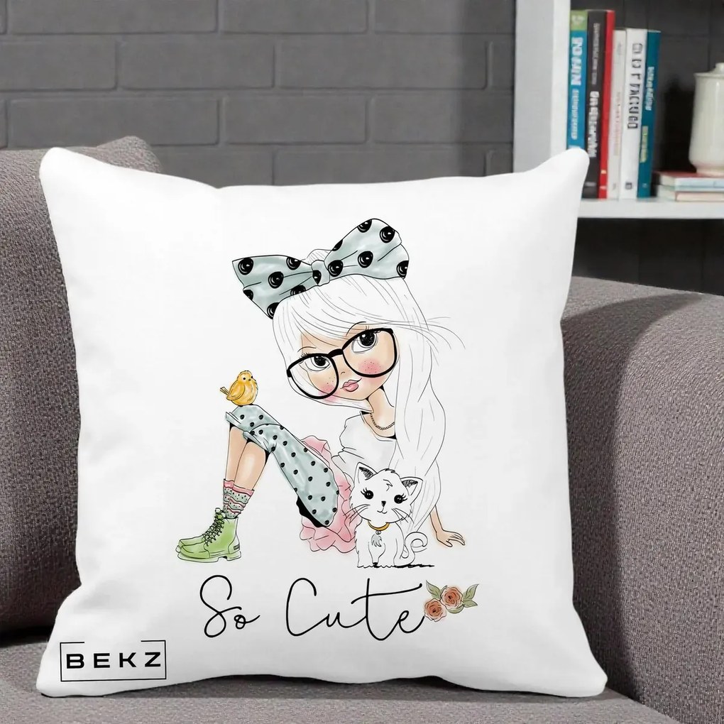 Perna Decorativa So Cute Fata Fashion, 40x40 cm, Alba Mata, Husa Detasabila, Perna Inclusa, BEKZ®