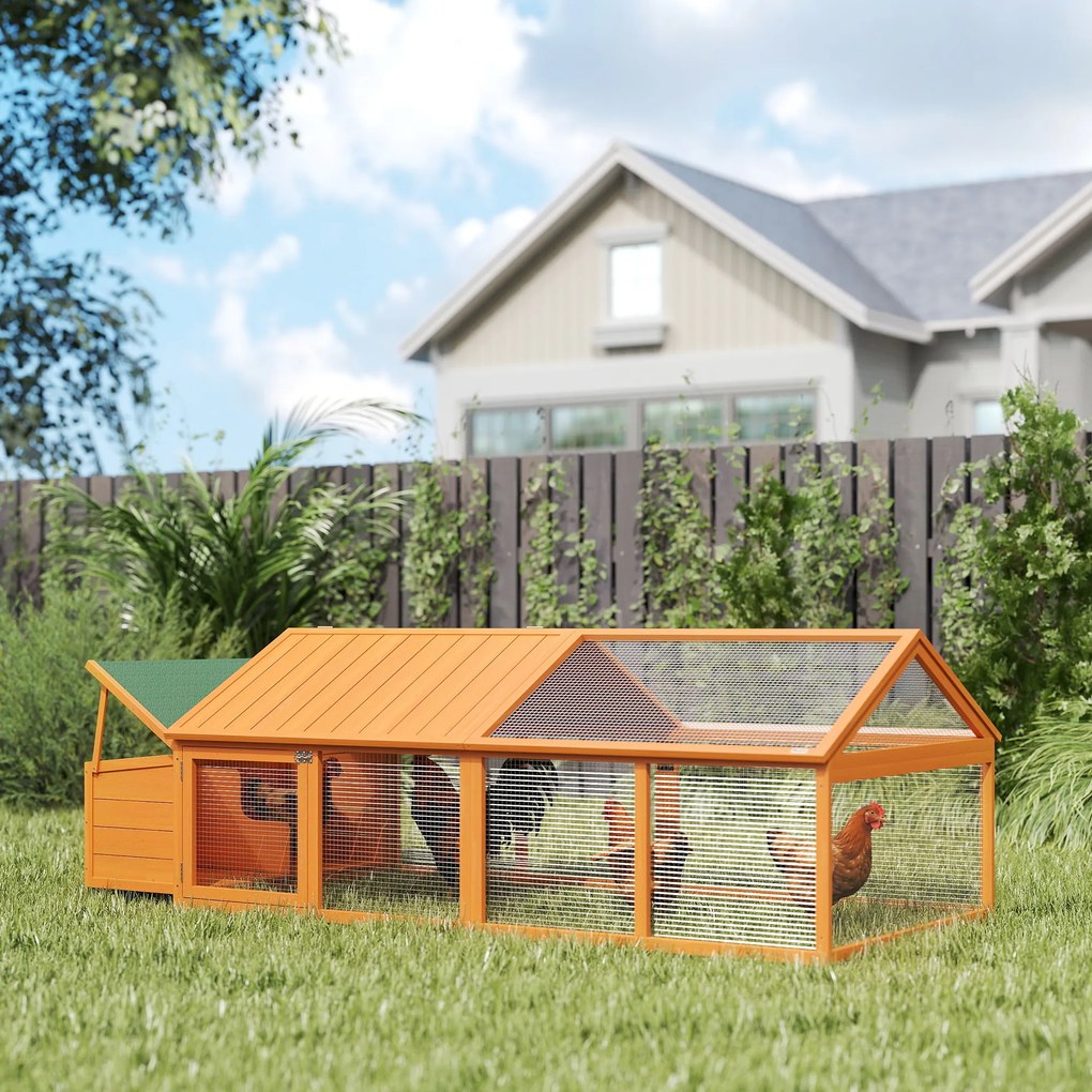 PawHut Coteț pentru Găini de Exterior cu Acoperiș Rabatabil și Ușă Largă Pentru 4-8 Găini, 240x112,5x76 cm, Portocaliu | Aosom Romania