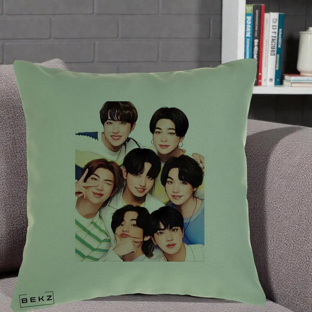 Perna Personalizata K-pop BTS Bangtan Boys Portret Grup Fanart, 40x40 cm, Verde, Husa Detasabila, Perna Inclusa, BEKZ®