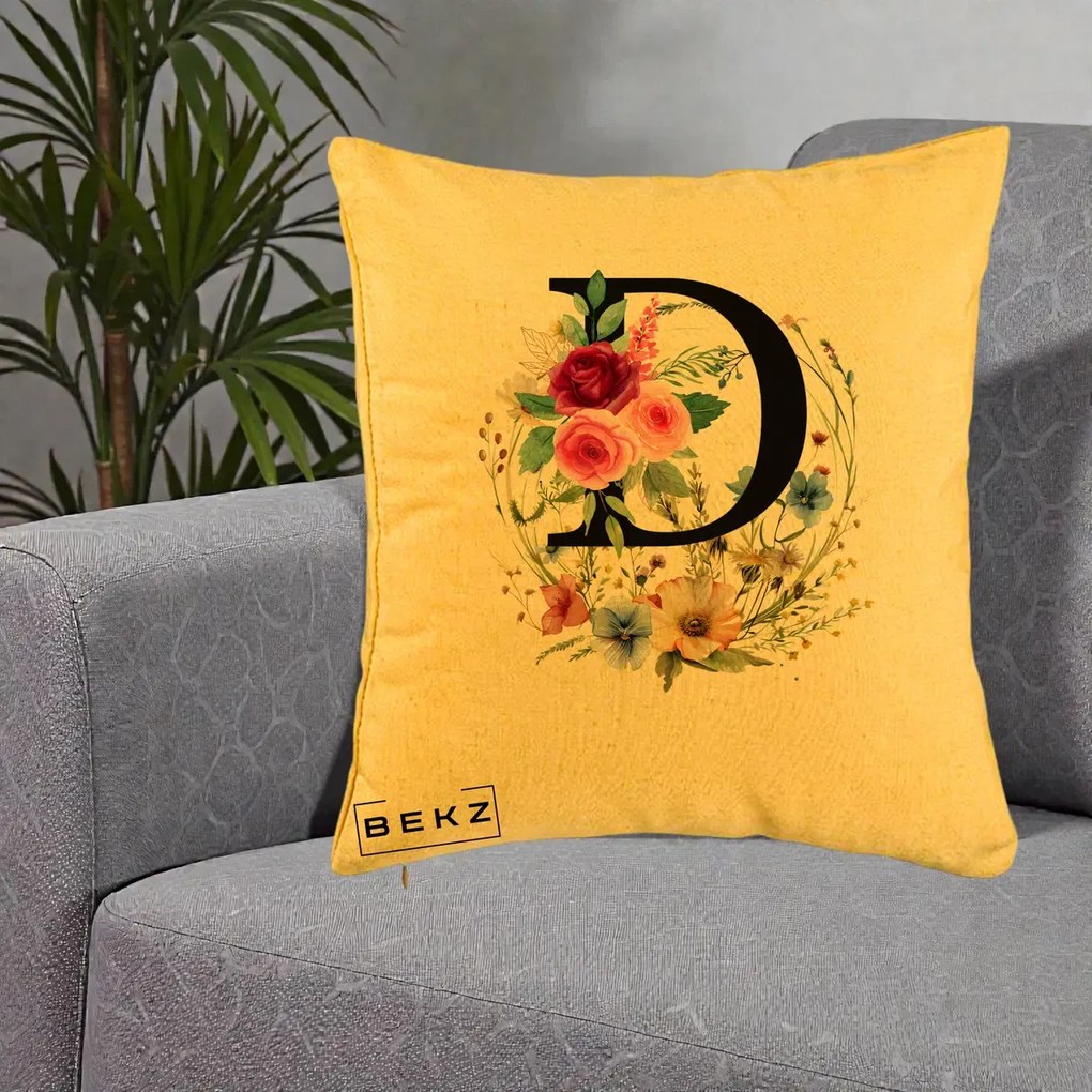 Cadou Personalizat - Perna Personalizata Monogram Litera D cu Flori Acuarela, 40x40 cm, Galben, Husa Detasabila, Perna Inclusa, BEKZ®