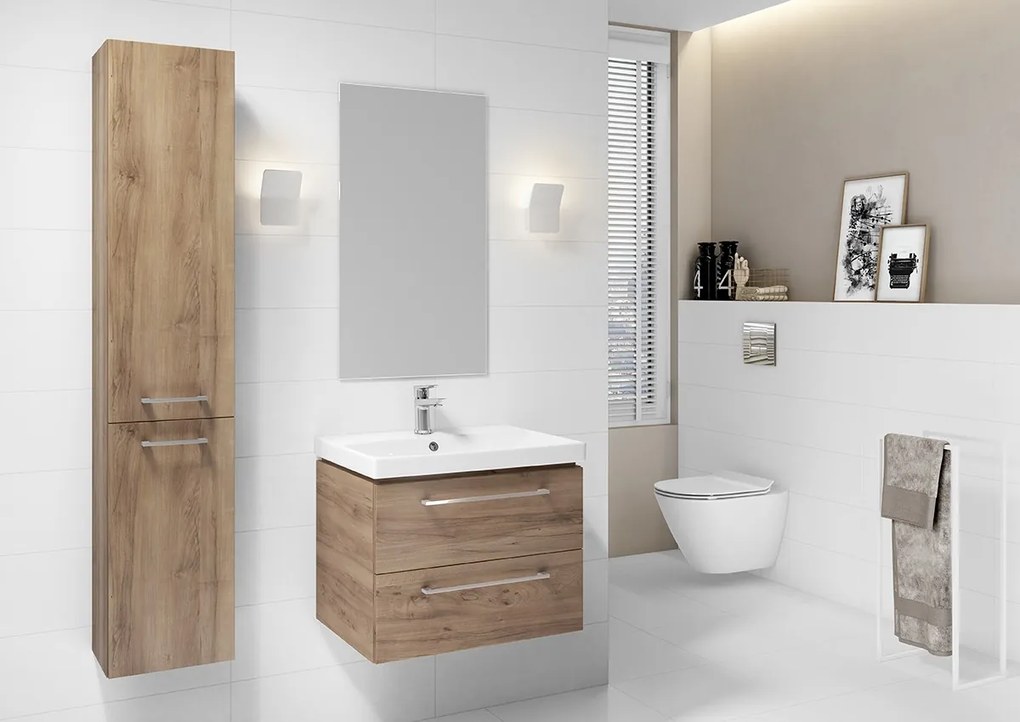 Dulap baie suspendat pentru lavoar Cersanit Lara, 60 cm, nuc, doua sertare - Resigilat