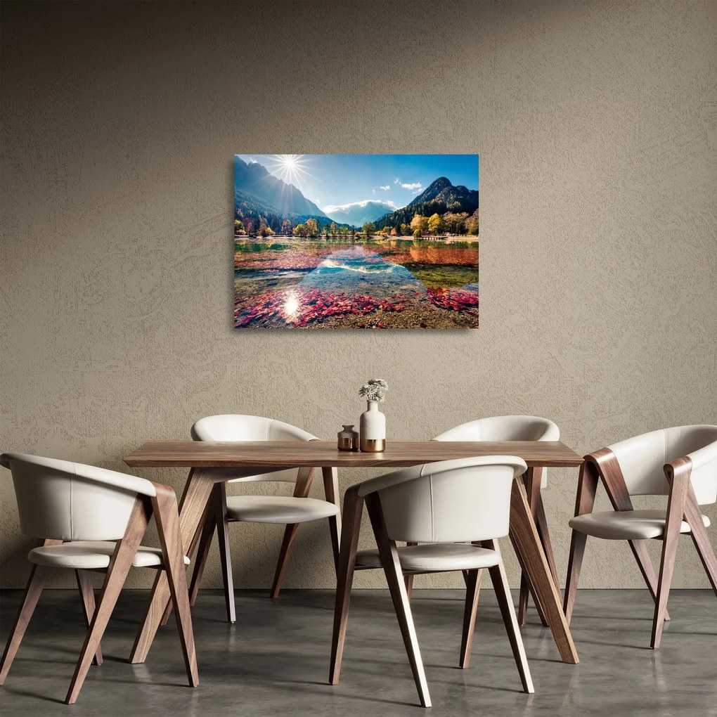Tablou pe sticlă - Lacul Jasna, Gozd Martuljek, Alpii Iulieni, Slovenia (70x50 cm)