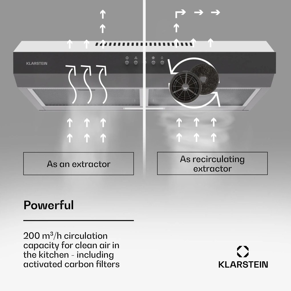 Contempo 60, hota, 60 cm, sub dulap, 200 m³/h, LED, acril, otel inoxidabil