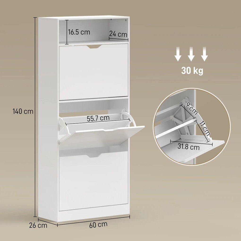HOMCOM Dulap pentru pantofi 18 perechi, dulap îngust pentru pantofi, 3 sertare rabatabile, rafturi reglabile, alb | Aosom Romania