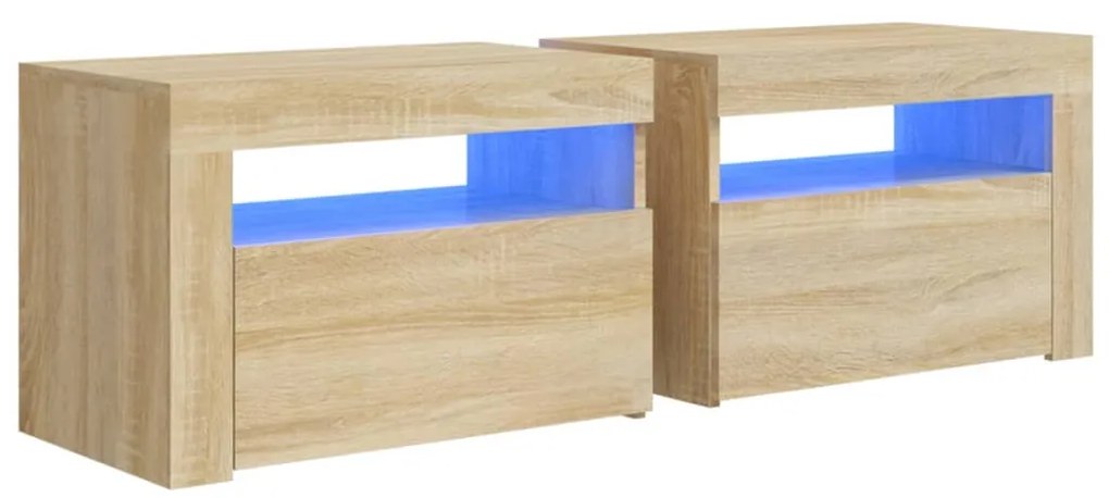 3080737 vidaXL Noptiere cu LED-uri, 2 buc., stejar sonoma, 60x35x40 cm