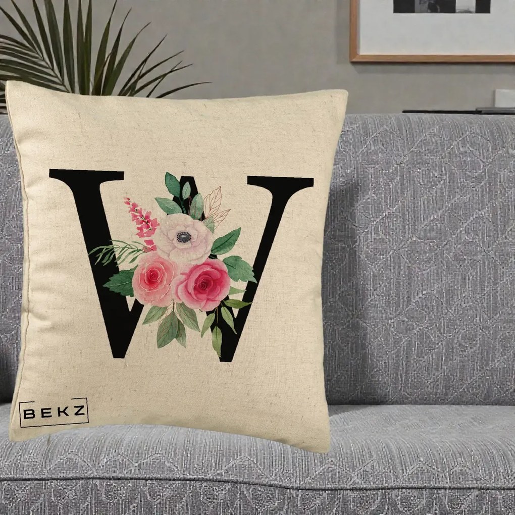 Cadou Personalizat - Perna Personalizata Monograma Florala Litera W cu Trandafiri si Anemona, 40x40 cm, Bej, Husa Detasabila, Perna Inclusa, BEKZ®