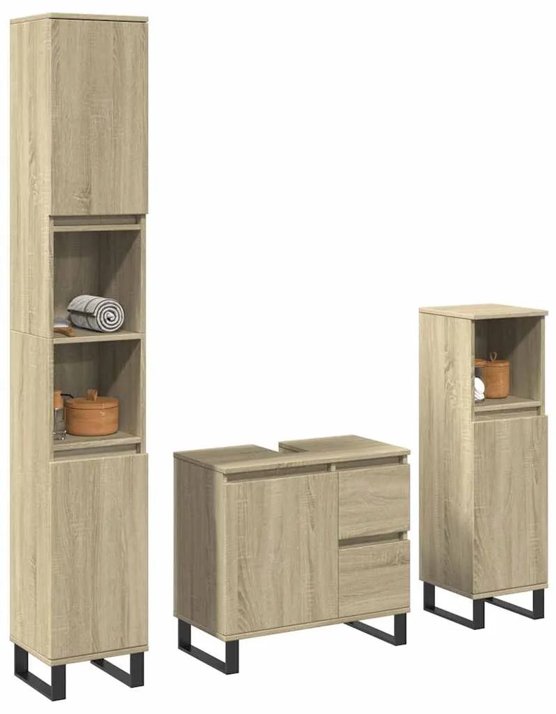 vidaXL Set mobilier de baie, 3 piese, stejar sonoma, lemn prelucrat
