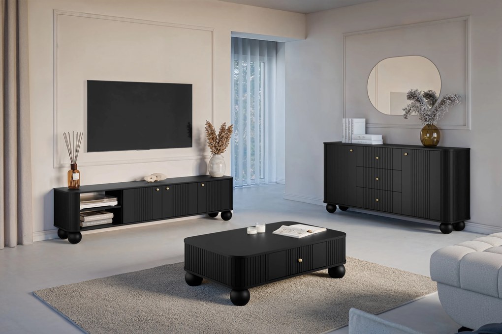 Comodă TV Vesper 187 cm cu 3 uși - negru / mânere aurii / picioare sferice