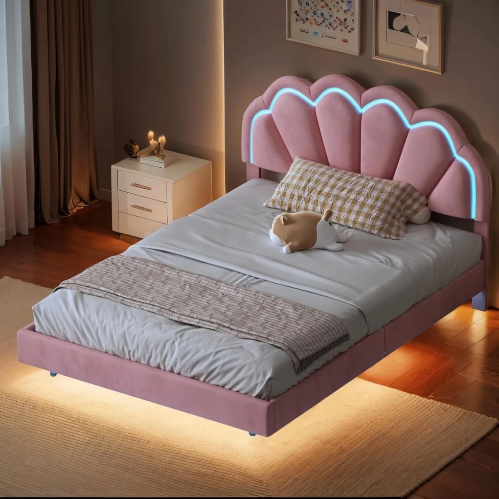 PARC7 - Pat tapitat cu LED, 140 x 200 cm - patut copii, fetite - Catifea Roz sau Crem