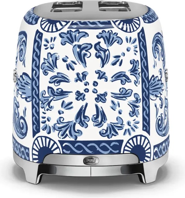 Prajitor de paine SMEG Dolce & Gabbana Blu Mediterraneo TSF01DGBEU, 950 W, 2 felii, 6 trepte, Tava pentru firimituri, Cablu integrat, Otel inoxidabil, Albastru