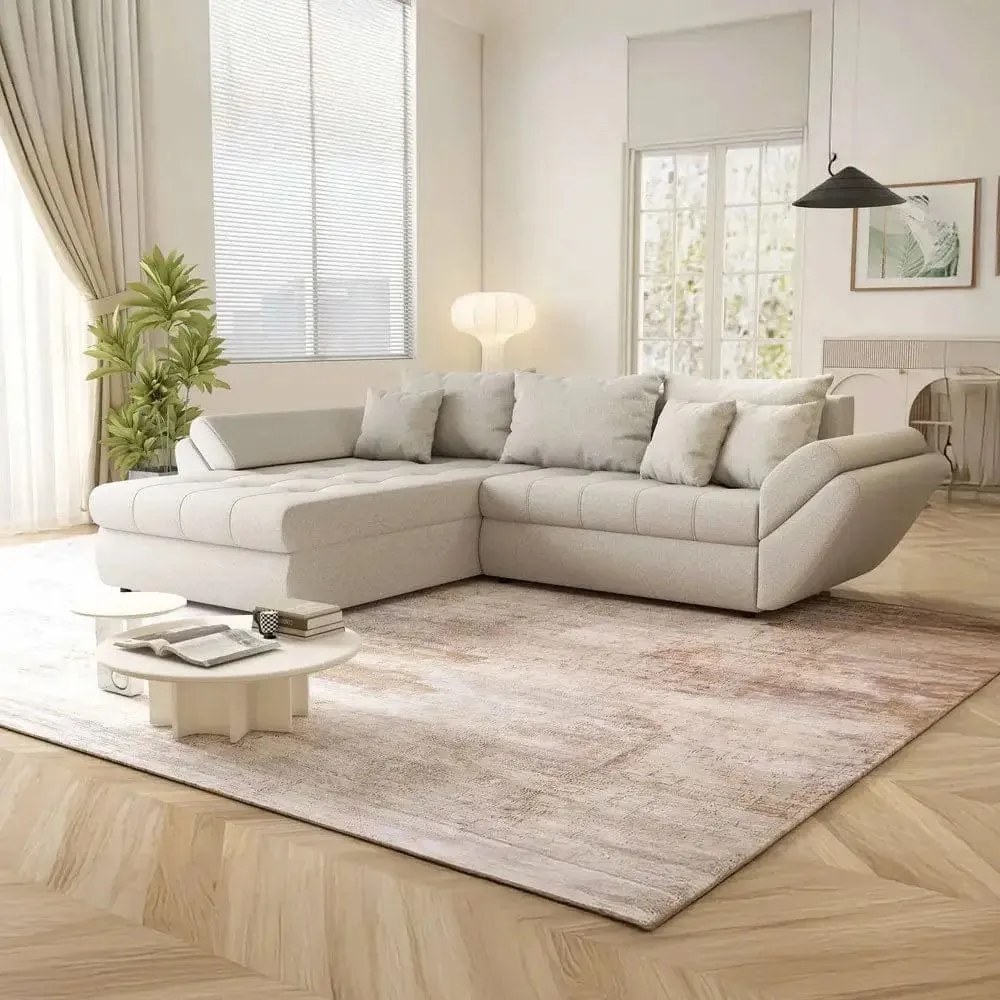Colțar extensibil dumonde cu ladă de depozitare si sezut confortabil din spuma high-density, Loana Enjoy Bej 270x185 cm