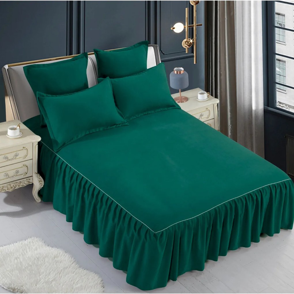 Lenjerie de pat cu volanase, bumbac tip finet, pat 2 persoane, uni, 6 piese, verde inchis, FNVJ-14