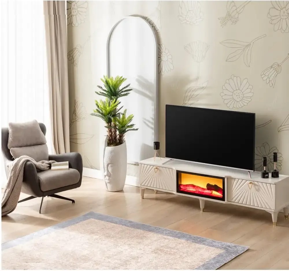 Comoda tv cu semineu Calvin, culoare bej 160 cm