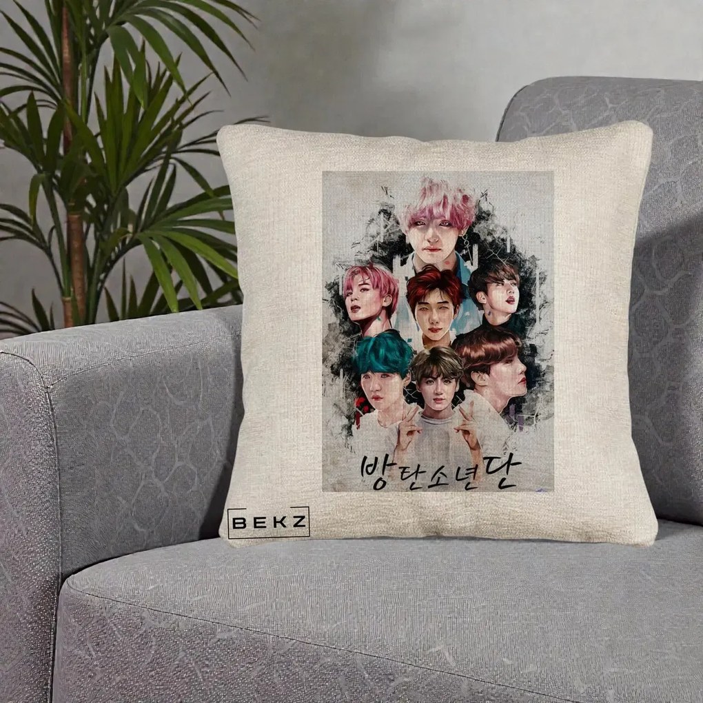 Perna Personalizata K-pop BTS Bangtan Boys Poster Artistic Negru Alb, 40x40 cm, Bej Canapea, Husa Detasabila, Perna Inclusa, BEKZ®