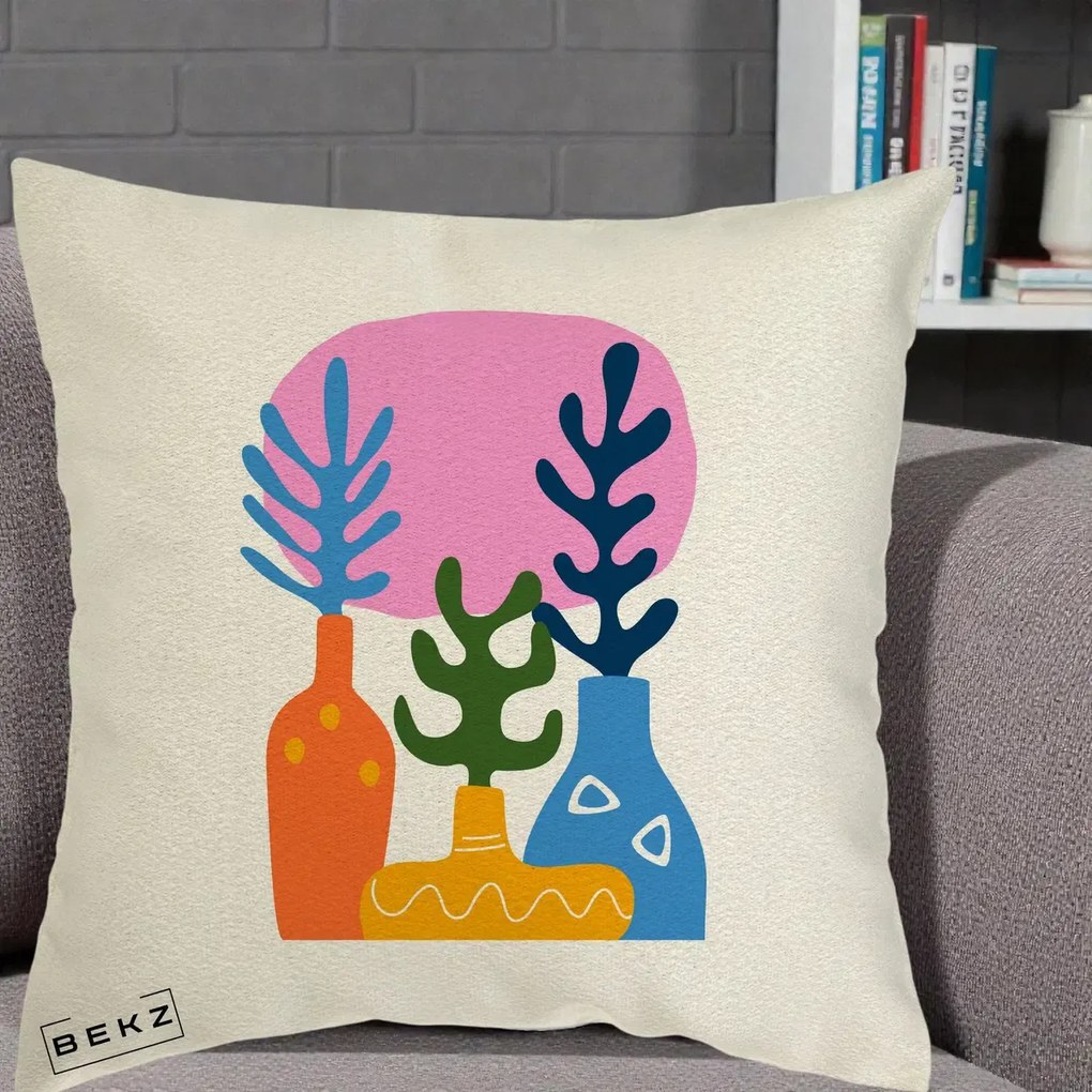 Perna Decorativa Vaze Botanice Abstract, 40x40 cm, Ecru, Husa Detasabila, Perna Inclusa, BEKZ®