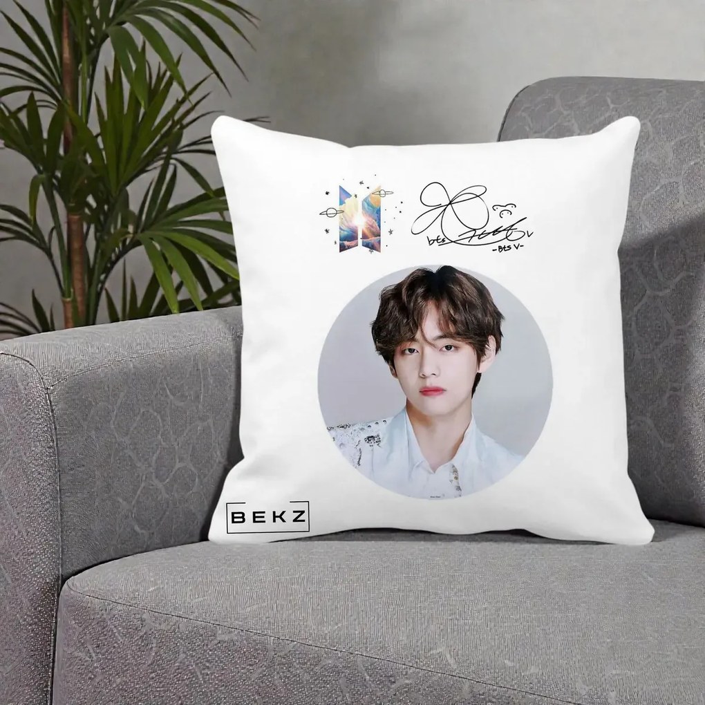 Perna Personalizata K-pop BTS V Taehyung Portret Cerc Autograf, 40x40 cm, Alba Mata, Husa Detasabila, Perna Inclusa, BEKZ®