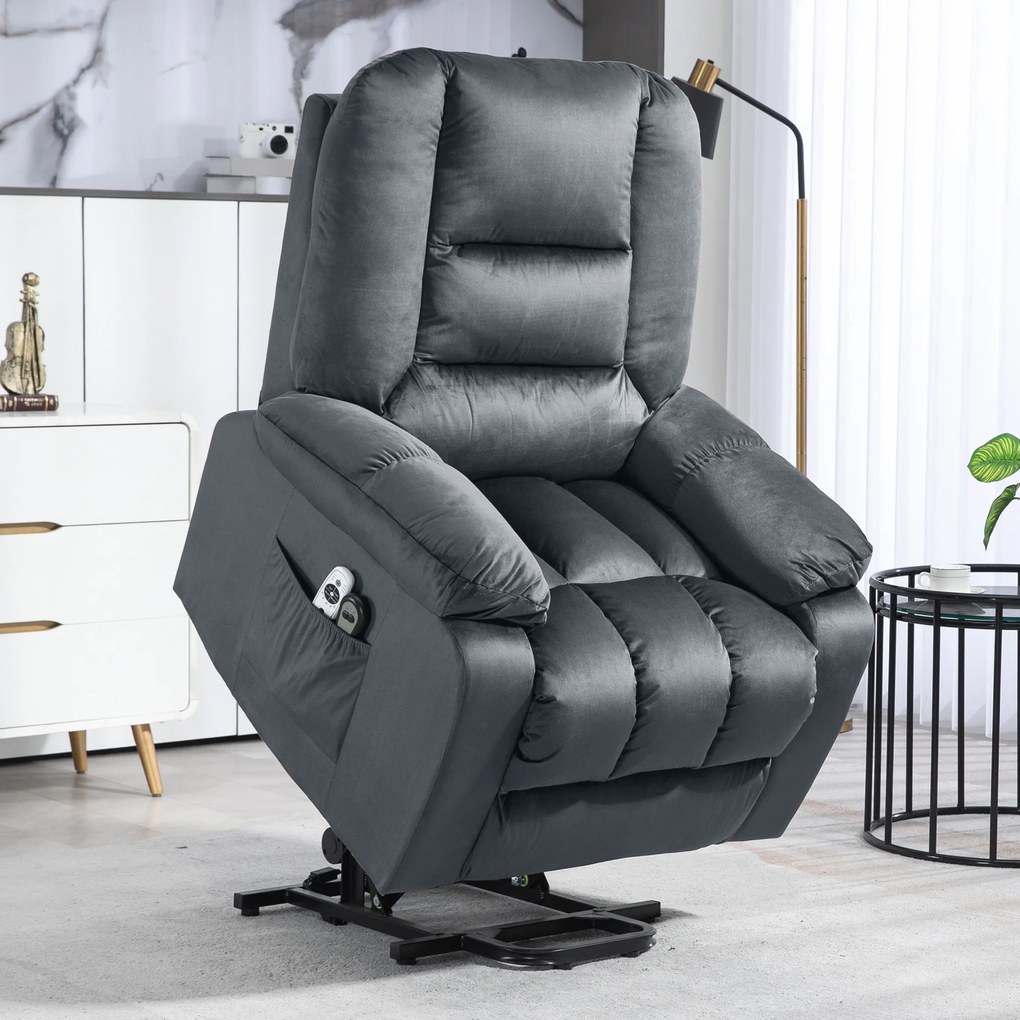 HOMCOM Fotoliu de masaj cu funcție de ridicare pentru persoane în vârstă, fotoliu de relaxare cu 8 puncte de masaj, 2 buzunare laterale, 85 cm x 94 cm x 107cm, Gri | Aosom Romania