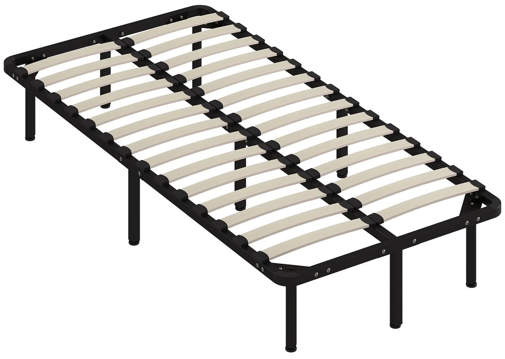 HOMCOM Cadru de Pat Industrial cu 28 de Lamele și Spațiu de Depozitare, din Lemn și Oțel, 190x90x31 cm, Negru și Lemn | Aosom Romania