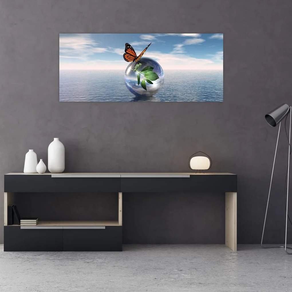 Tablou cu fluture pe bilă din sticlă (120x50 cm)