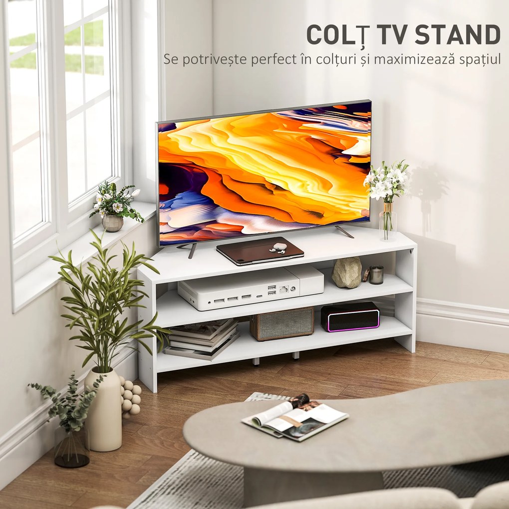 HOMCOM Comodă TV de Colț 47" max cu 2 Rafturi Deschise din Lemn Alb | Aosom Romania