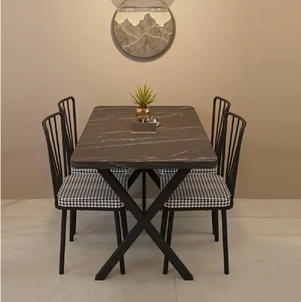 Set masa cu 4 scaune metal, Amsterdam Homs,negru marmurat/negru 70 x 110 cm