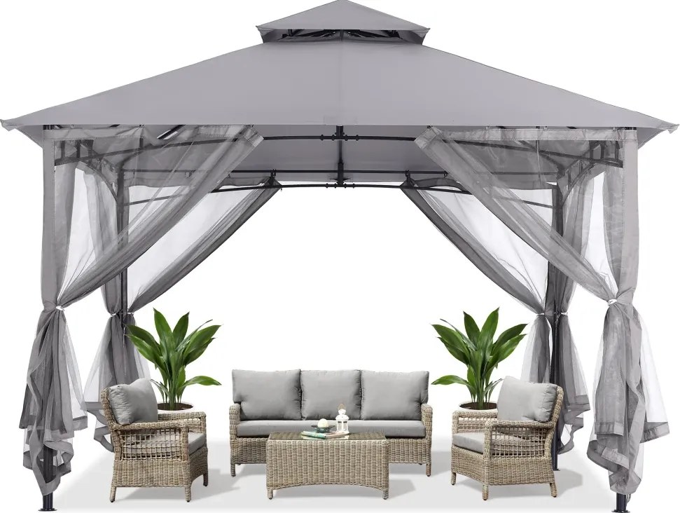 ABCCANOPY Foișor de gradina 3.3x3.3 m - Foișor exterior cu cadru din oțel și plasă de țânțari pentru gazon, curte, grădină, terasă, Gri